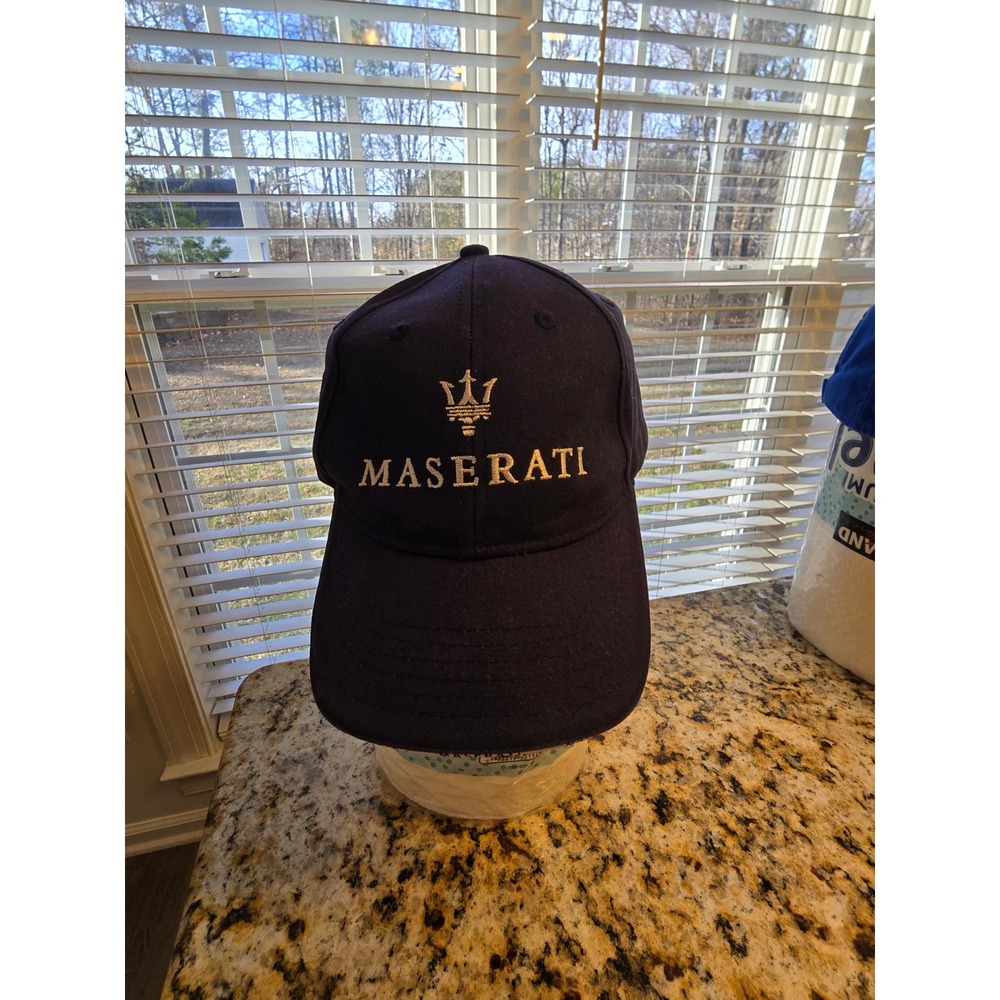 Maserati Navy Blue Baseball Hat Gold Trident Logo Embroidered AdjustableCap Mens